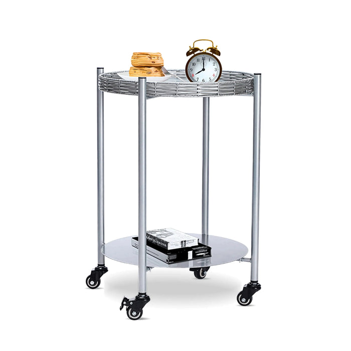 Round Coffee Table with Wheels 2-Tier Movable Side Tables Silver Metal Detachable Bedside Nightstand for Bedroom Living Room End Tables Next To Sofa (Silver Gray) Default -DTYStore