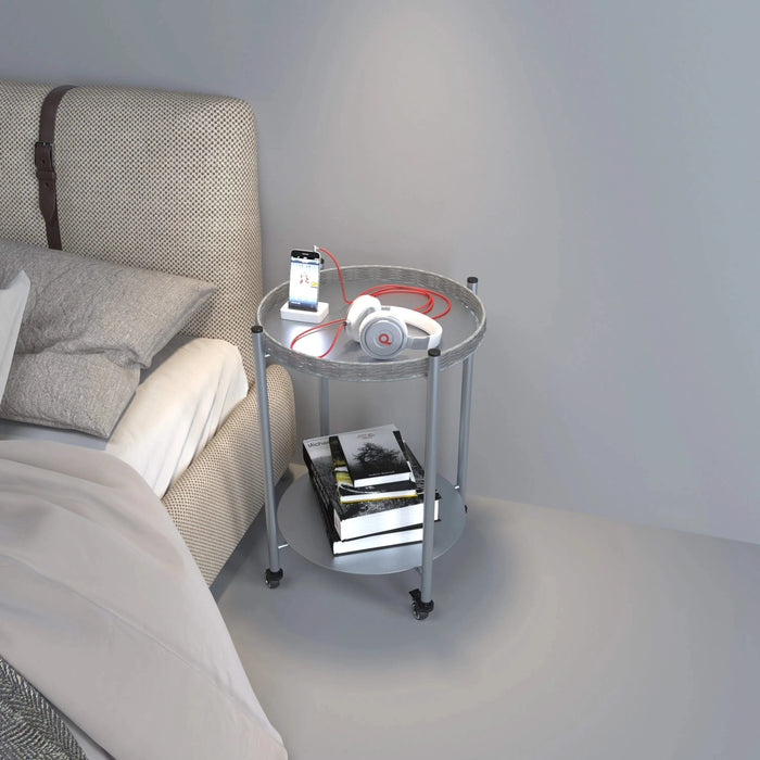 Round Coffee Table with Wheels 2-Tier Movable Side Tables Silver Metal Detachable Bedside Nightstand for Bedroom Living Room End Tables Next To Sofa (Silver Gray) Default -DTYStore