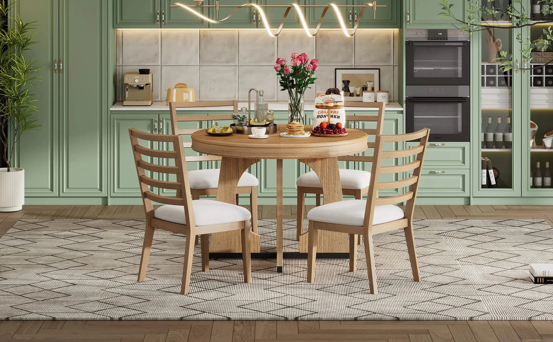 Round Dining Table for 4 with Chairs Set, Extendable Dining Table Set with 16' Removable Middle Leaf, 5 Piece Retro Dining Table Set Unique Geometric Design for Kitchen, Dining Room (Natural) Default -DTYStore