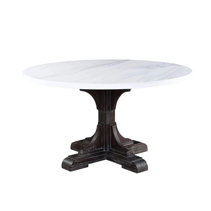 Round Dining Table with Artificial Marble Top, White and Weathered Espresso Default -DTYStore