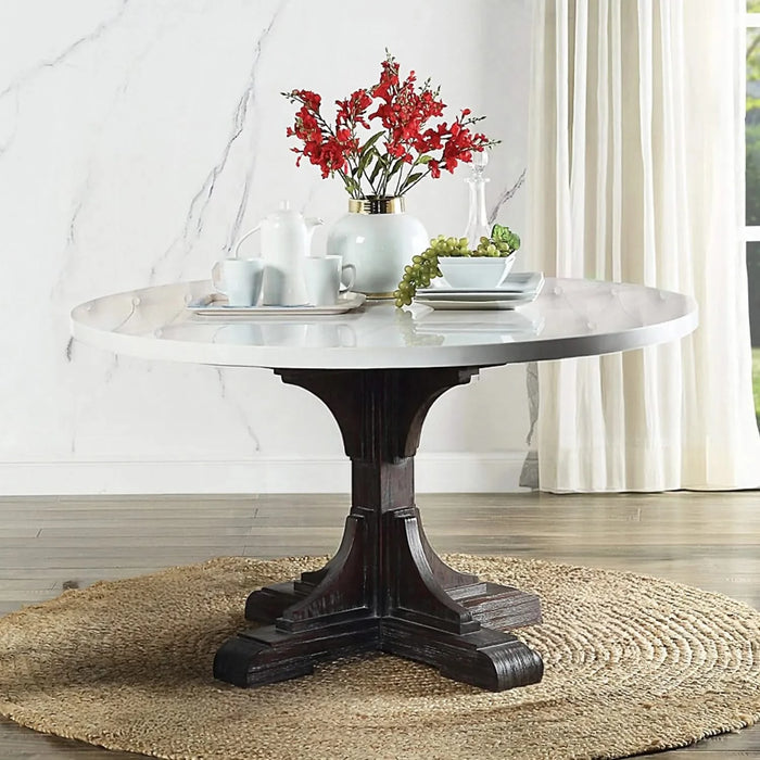 Round Dining Table with Artificial Marble Top, White and Weathered Espresso Default -DTYStore