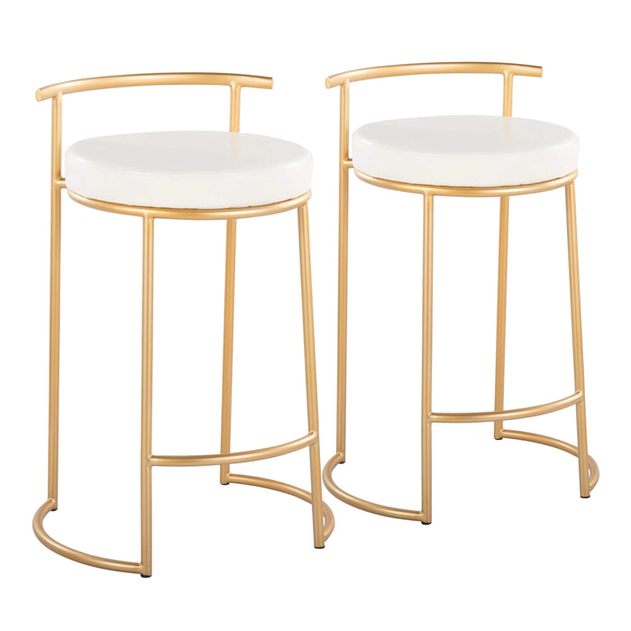 Round Fuji 26' Contemporary Fixed-Height Counter Stool in Gold Metal and White Faux Leather by LumiSource - Set of 2 Default -DTYStore