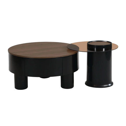 Round Nesting Coffee Table Set of 2, Coffee Table with Storage Drawer, Black Plastic Center Table for Living Room, Large: 27.56'' Small: 19.69'' Default -DTYStore