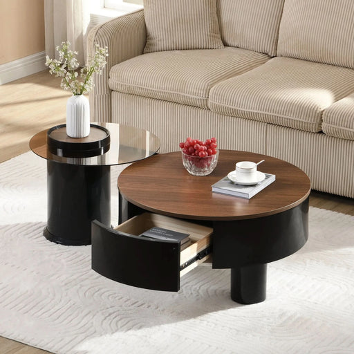 Round Nesting Coffee Table Set of 2, Coffee Table with Storage Drawer, Black Plastic Center Table for Living Room, Large: 27.56'' Small: 19.69'' Default -DTYStore