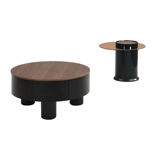 Round Nesting Coffee Table Set of 2, Coffee Table with Storage Drawer, Black Plastic Center Table for Living Room, Large: 27.56'' Small: 19.69'' Default -DTYStore
