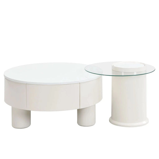 Round Nesting Coffee Table Set of 2, Coffee Table with Storage Drawer, White Plastic Center Table for Living Room, Large 27.56'', Small 19.69'' Default -DTYStore