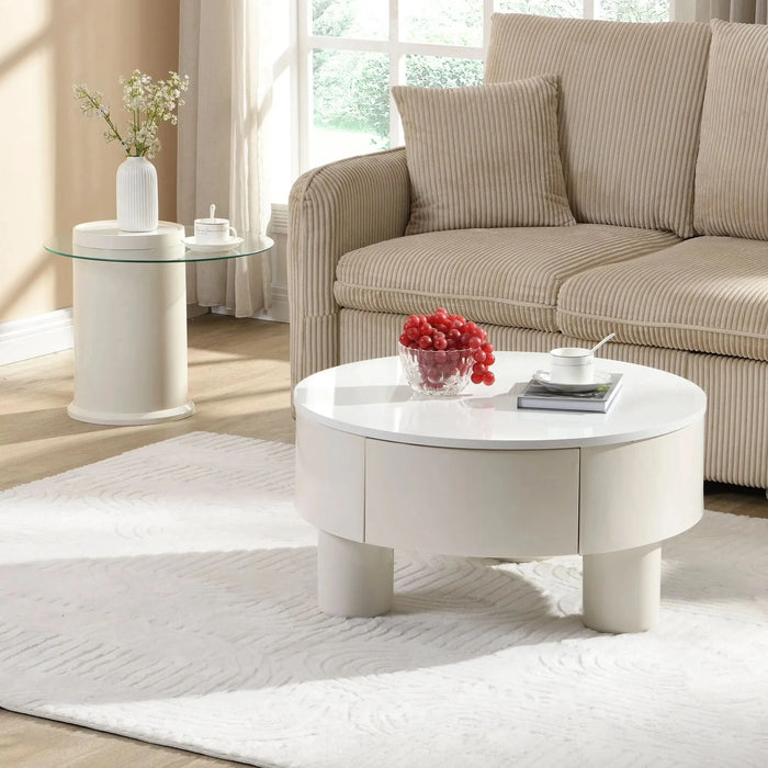 Round Nesting Coffee Table Set of 2, Coffee Table with Storage Drawer, White Plastic Center Table for Living Room, Large 27.56'', Small 19.69'' Default -DTYStore