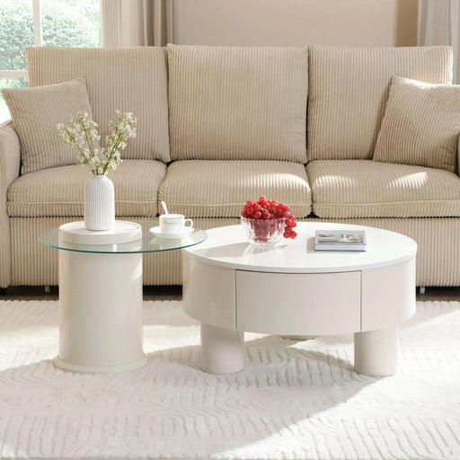 Round Nesting Coffee Table Set of 2, Coffee Table with Storage Drawer, White Plastic Center Table for Living Room, Large 27.56'', Small 19.69'' Default -DTYStore