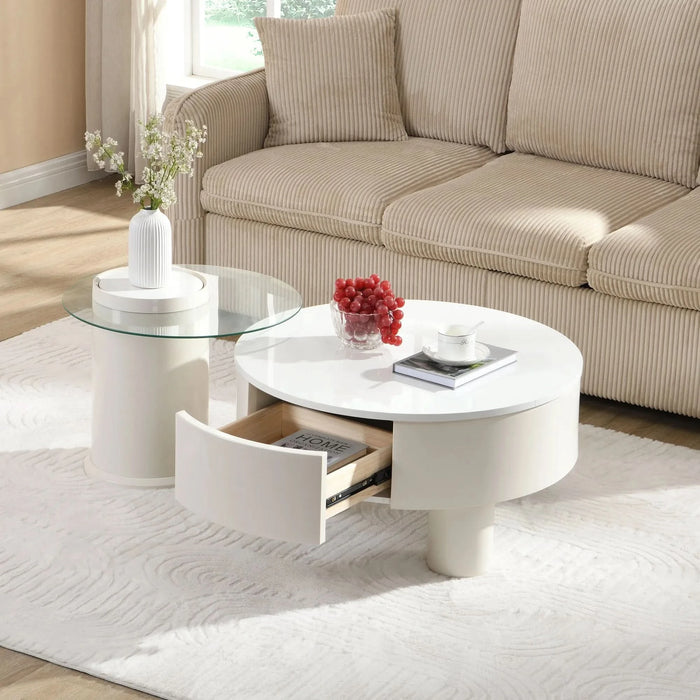 Round Nesting Coffee Table Set of 2, Coffee Table with Storage Drawer, White Plastic Center Table for Living Room, Large 27.56'', Small 19.69'' Default -DTYStore