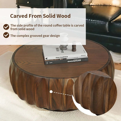 Round Solid Wood Carved Coffee Table with Elegant Sculptural Design Default -DTYStore