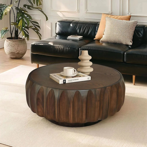 Round Solid Wood Carved Coffee Table with Elegant Sculptural Design Default -DTYStore