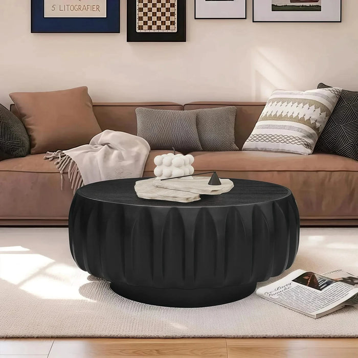 Round Solid Wood Carved Coffee Table with Elegant Sculptural Design Default -DTYStore