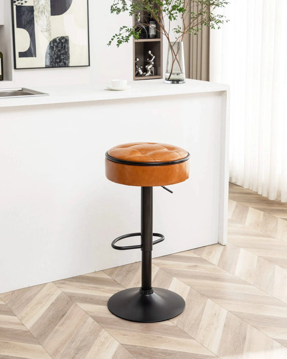 Round Storage Bar Stool Set of 2, Brown Faux Leather Height Adjustable Barstool, 360°Counter Height Swivel Stool, Armless Bar Chair with Metal Frame for Kitchen Counter Dining Living Room Default -DTYStore