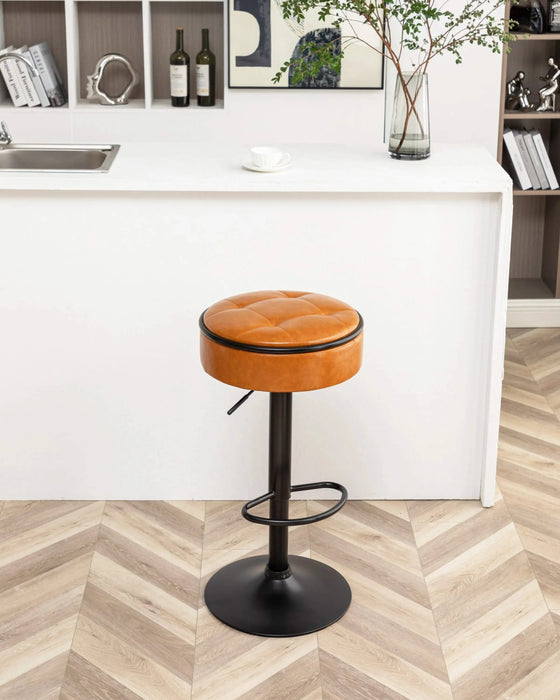 Round Storage Bar Stool Set of 2, Brown Faux Leather Height Adjustable Barstool, 360°Counter Height Swivel Stool, Armless Bar Chair with Metal Frame for Kitchen Counter Dining Living Room Default -DTYStore