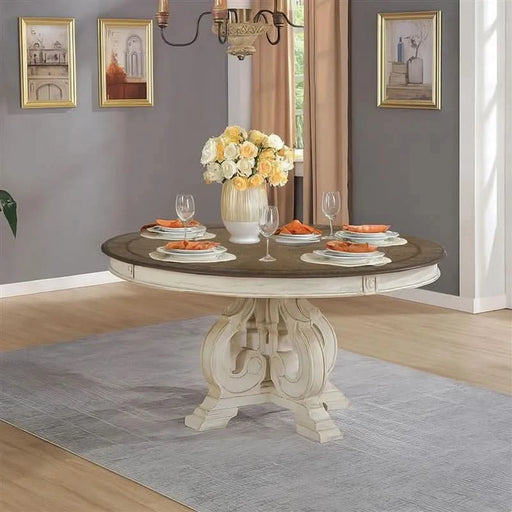 Round Traditional Pedestal Dining Table in Antique White Finish Default -DTYStore