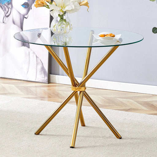 Round clear glass dining table with a unique shape for 4-6 people, with ring-shaped gathered gold metal legs, suitable for desks, kitchens, terraces, dining rooms. Default -DTYStore