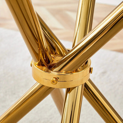 Round clear glass dining table with a unique shape for 4-6 people, with ring-shaped gathered gold metal legs, suitable for desks, kitchens, terraces, dining rooms. Default -DTYStore