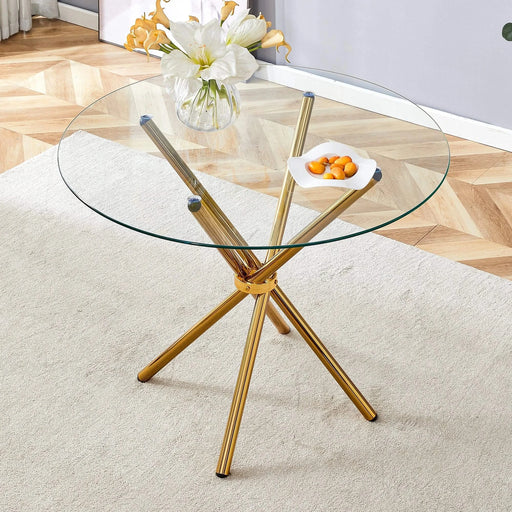 Round clear glass dining table with a unique shape for 4-6 people, with ring-shaped gathered gold metal legs, suitable for desks, kitchens, terraces, dining rooms. Default -DTYStore