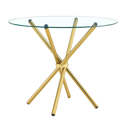 Round clear glass dining table with a unique shape for 4-6 people, with ring-shaped gathered gold metal legs, suitable for desks, kitchens, terraces, dining rooms. Default -DTYStore