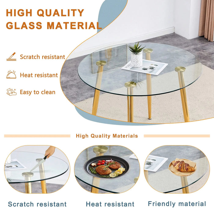 Round dining table with glass top, gilded metal legs, exquisite living, starting from the details, the gold legs show an extraordinary texture, which is the finishing touch to your home.36*36 Default -DTYStore