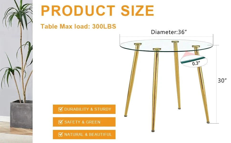 Round dining table with glass top, gilded metal legs, exquisite living, starting from the details, the gold legs show an extraordinary texture, which is the finishing touch to your home.36*36 Default -DTYStore