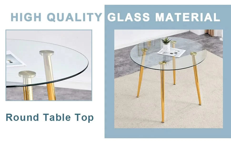 Round dining table with glass top, gilded metal legs, exquisite living, starting from the details, the gold legs show an extraordinary texture, which is the finishing touch to your home.36*36 Default -DTYStore