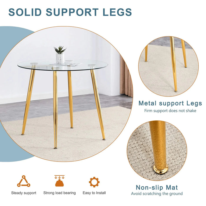 Round dining table with glass top, gilded metal legs, exquisite living, starting from the details, the gold legs show an extraordinary texture, which is the finishing touch to your home.36*36 Default -DTYStore