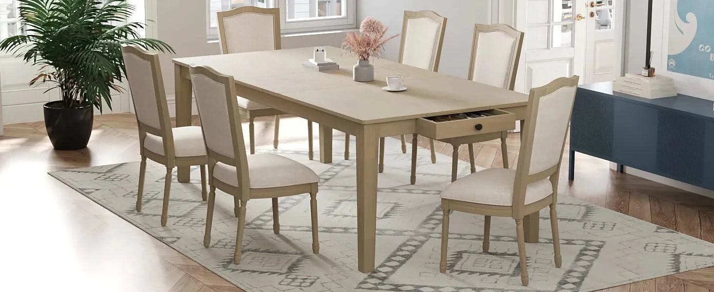 Rustic 7-Piece 78.1inch Extendable Dining Table Set with 18inch Removable Leaf, 6 Upholstered Dining Chairs, 2 Built-in Drawers, Natural Default -DTYStore