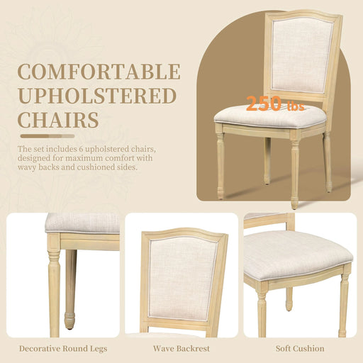 Rustic 7-Piece 78.1inch Extendable Dining Table Set with 18inch Removable Leaf, 6 Upholstered Dining Chairs, 2 Built-in Drawers, Natural Default -DTYStore