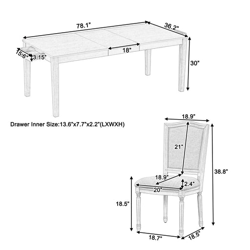 Rustic 7-Piece 78.1inch Extendable Dining Table Set with 18inch Removable Leaf, 6 Upholstered Dining Chairs, 2 Built-in Drawers, Natural Default -DTYStore