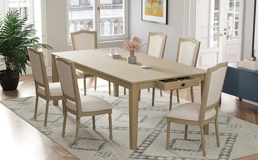 Rustic 7-Piece 78.1inch Extendable Dining Table Set with 18inch Removable Leaf, 6 Upholstered Dining Chairs, 2 Built-in Drawers, Natural Default -DTYStore