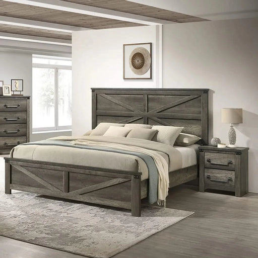 Rustic Gray 3pc Set Eastern King Size Bed 2x Nightstands Unique Design Headboard Bedroom Furniture Metal Accents Default -DTYStore