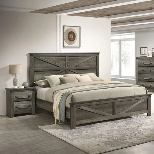 Rustic Gray 3pc Set Eastern King Size Bed 2x Nightstands Unique Design Headboard Bedroom Furniture Metal Accents Default -DTYStore