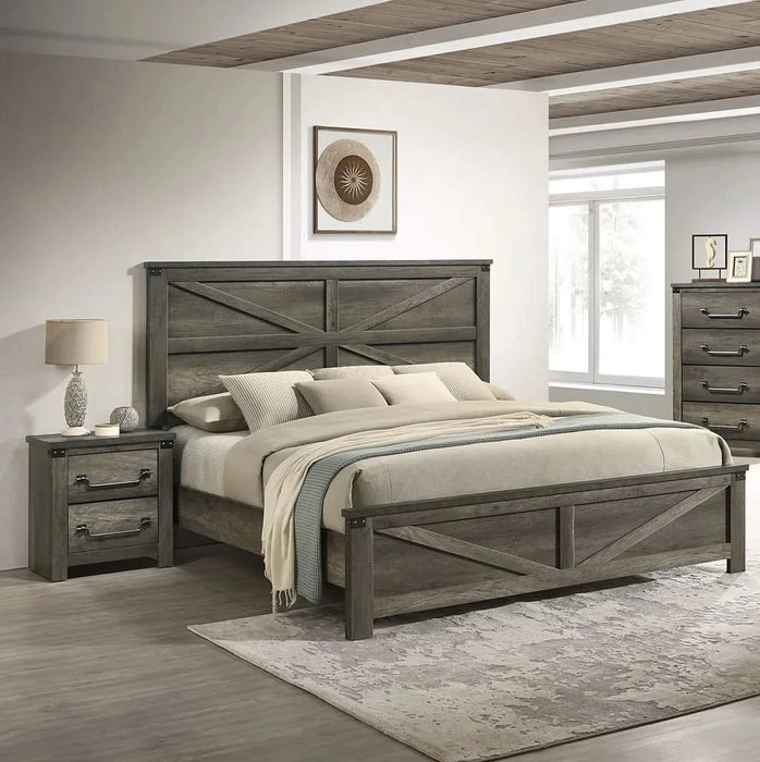 Rustic Gray 3pc Set Eastern King Size Bed 2x Nightstands Unique Design Headboard Bedroom Furniture Metal Accents Default -DTYStore