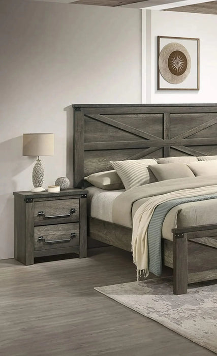 Rustic Gray 3pc Set Eastern King Size Bed 2x Nightstands Unique Design Headboard Bedroom Furniture Metal Accents Default -DTYStore