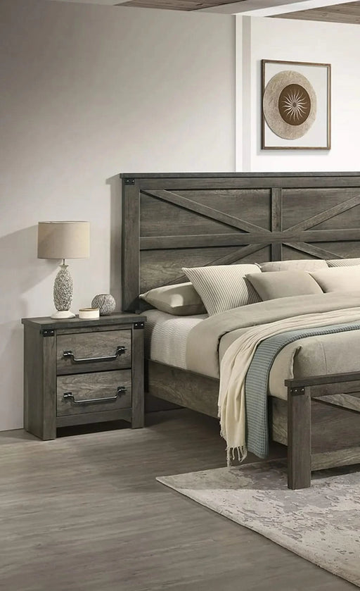 Rustic Gray 3pc Set Eastern King Size Bed 2x Nightstands Unique Design Headboard Bedroom Furniture Metal Accents Default -DTYStore