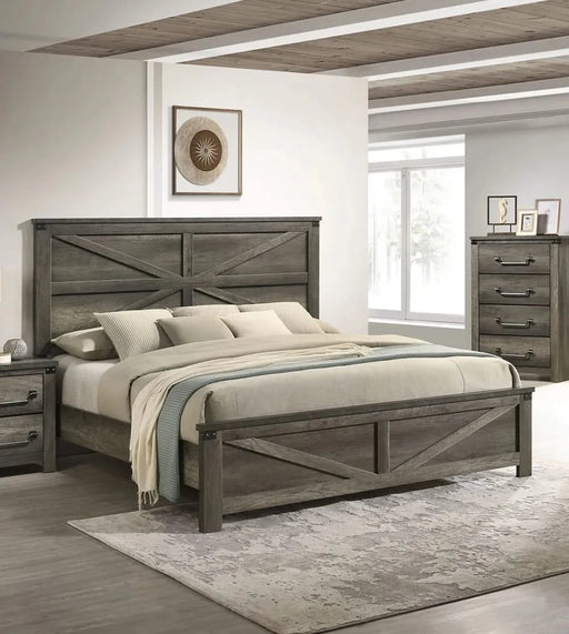 Rustic Gray 3pc Set Eastern King Size Bed 2x Nightstands Unique Design Headboard Bedroom Furniture Metal Accents Default -DTYStore