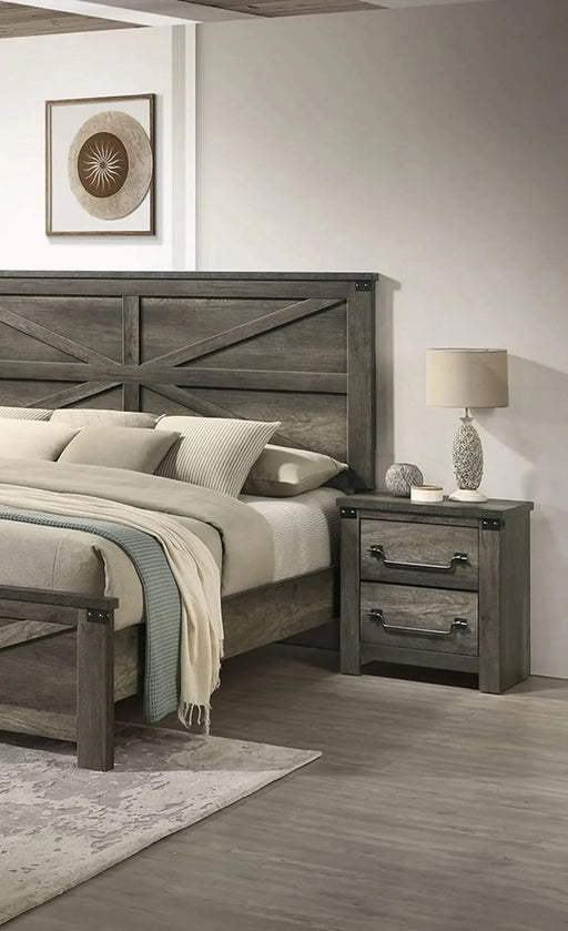 Rustic Gray 3pc Set Eastern King Size Bed 2x Nightstands Unique Design Headboard Bedroom Furniture Metal Accents Default -DTYStore