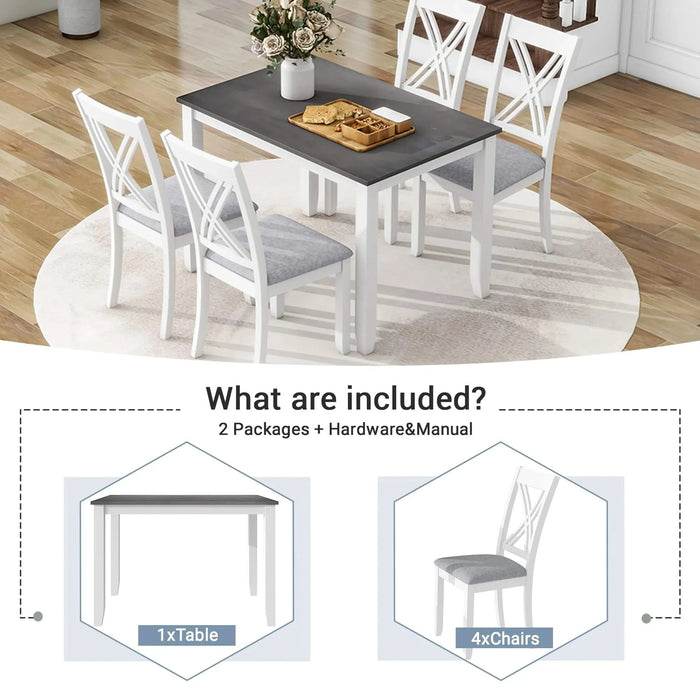 Rustic Minimalist Wood 5-Piece Dining Table Set with 4 X-Back Chairs for Small Places, Gray Default -DTYStore