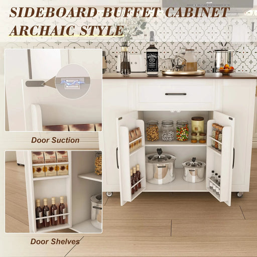 Rustic Movable Kitchen Island on Wheels with Storage & Power Outlet, White MDF Frame with Wood Top, 46' Default -DTYStore