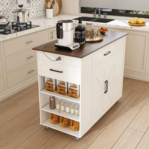 Rustic Movable Kitchen Island on Wheels with Storage & Power Outlet, White MDF Frame with Wood Top, 46' Default -DTYStore