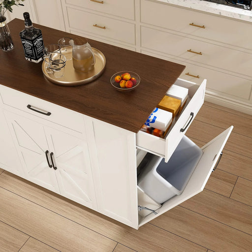 Rustic Movable Kitchen Island on Wheels with Storage & Power Outlet, White MDF Frame with Wood Top, 46' Default -DTYStore