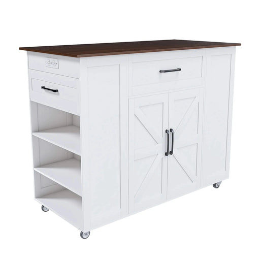 Rustic Movable Kitchen Island on Wheels with Storage & Power Outlet, White MDF Frame with Wood Top, 46' Default -DTYStore