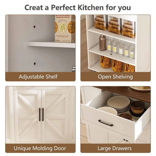 Rustic Movable Kitchen Island on Wheels with Storage & Power Outlet, White MDF Frame with Wood Top, 46' Default -DTYStore