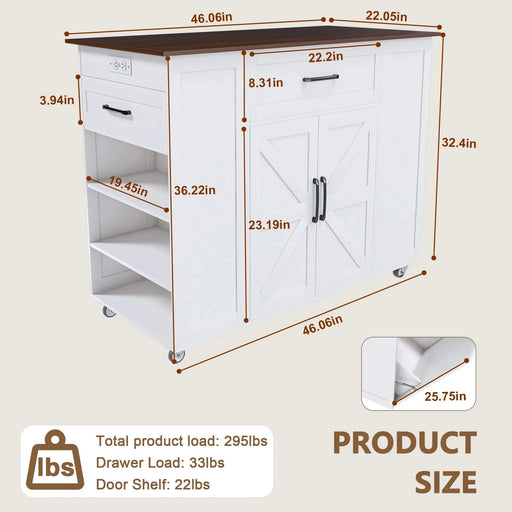 Rustic Movable Kitchen Island on Wheels with Storage & Power Outlet, White MDF Frame with Wood Top, 46' Default -DTYStore