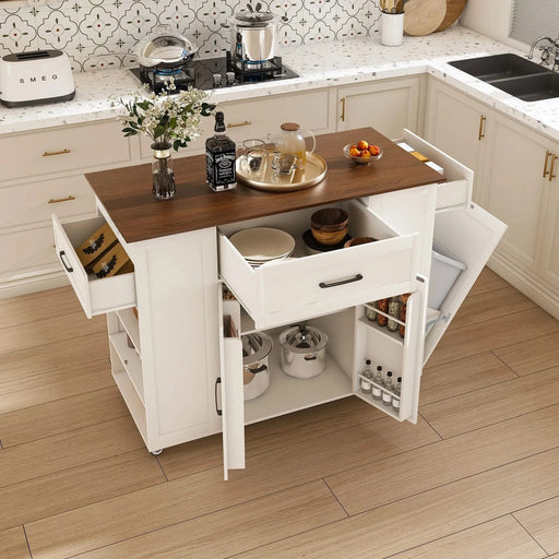 Rustic Movable Kitchen Island on Wheels with Storage & Power Outlet, White MDF Frame with Wood Top, 46' Default -DTYStore