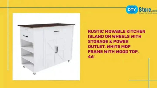 Rustic Movable Kitchen Island on Wheels with Storage & Power Outlet, White MDF Frame with Wood Top, 46' Default -DTYStore