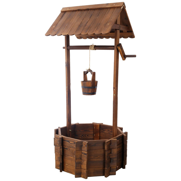 Rustic Wooden Wishing Well Planter Outdoor Home Décor for Patio, Garden, Yard w/Hanging Bucket Default -DTYStore