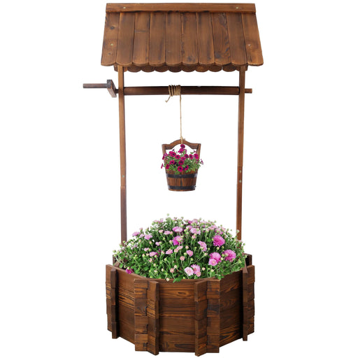 Rustic Wooden Wishing Well Planter Outdoor Home Décor for Patio, Garden, Yard w/Hanging Bucket Default -DTYStore