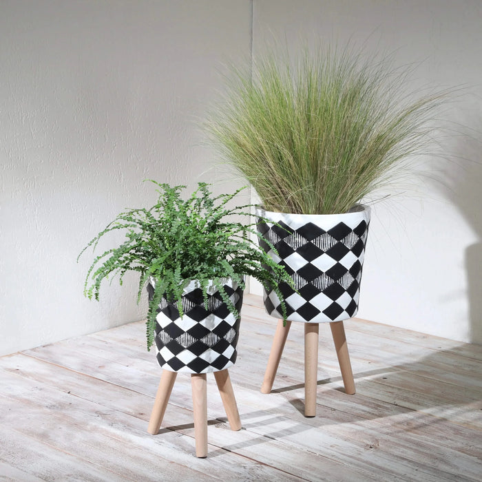 S/2 10/12' DIAMOND PLANTER W/ WOOD LEGS, BLACK(KD) Default -DTYStore